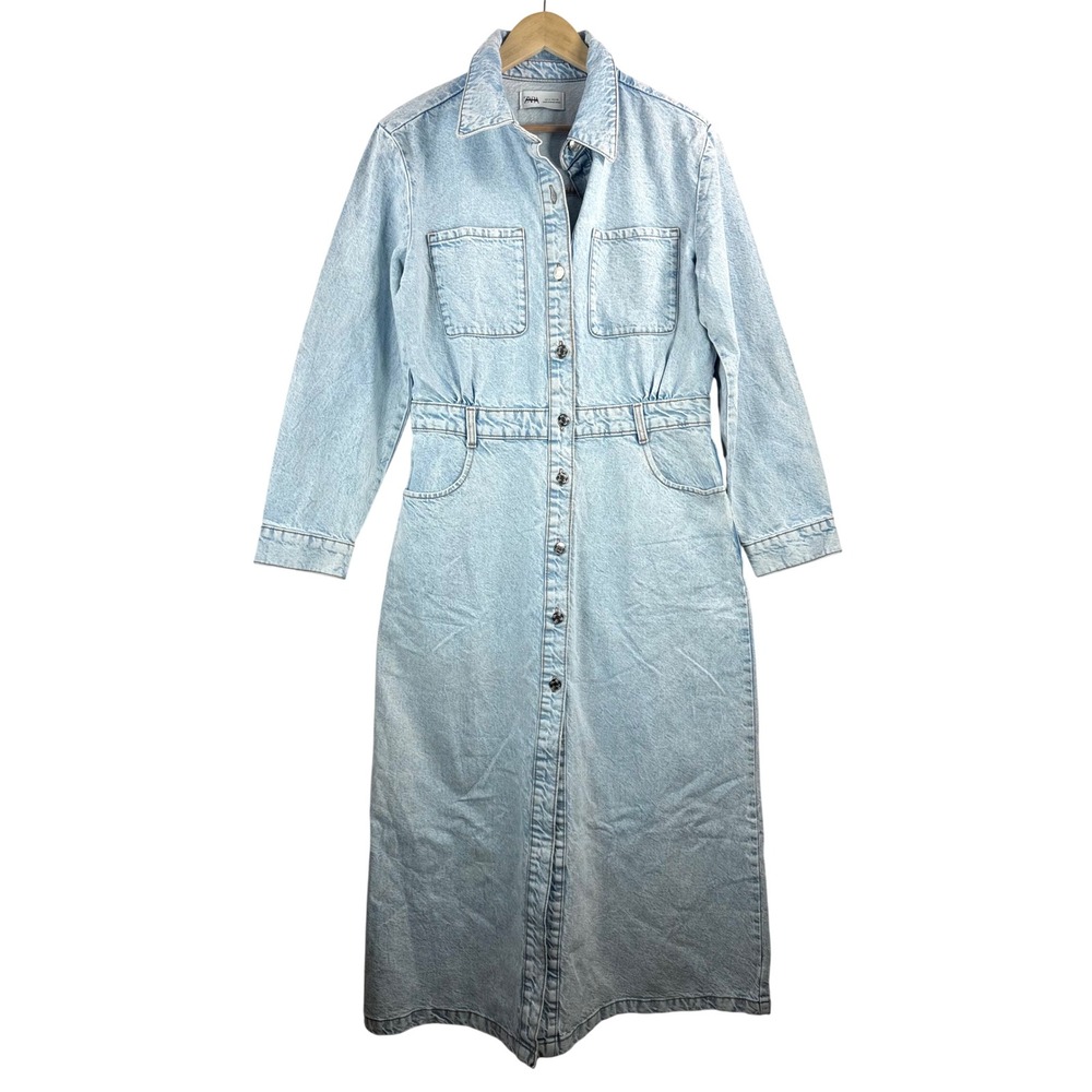 Zara Denim Midi Dress M organic cotton Utility Button Down 90s minimalist